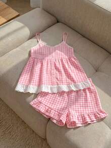 Resyla 2pcs Women's Plaid Pattern Camisole & Shorts Pajama Set - Multicolor - View 3