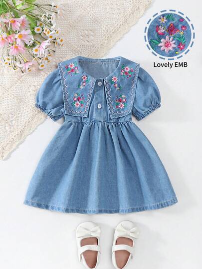 Baby Girls' Summer Essential Denim Short Sleeve Dress, Light Blue Versatile, Navy Collar With Delicate Floral Embroidery, Puff Sleeves Sweet And Cute, A-Line Silhouette Lively And Comfortable, Suitable For Daily Outings Or School, Easily Create A Vibrant Pastoral Princess Look
