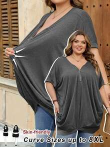 SHEIN CURVE+ Oversized US22 Musik Festival, Strandurlaub, Boho Damen Einfarbig Reißverschluss Halb-Reißverschluss Kurzarm Lässiges Locker Sitzende T-Shirt Damen Oberteile Schwarz Lässige Oberteile T-Shirts - Grau - Übersicht 8