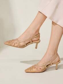 CUCCOO CHICEST Women's Embroidered Mesh Beaded Square Toe Mid-Heel Ankle Strap Pumps, Elegant Party Wear Wedding Shoes Summer Shoes Bride Shoes - Apricot - View 7