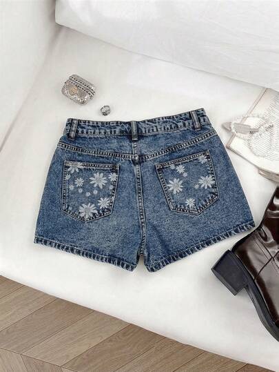Rivivi Quần short denim bạc màu in hoa thời trang thường ngày.
