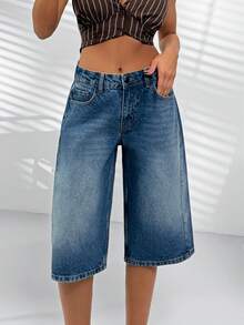 SHEIN 100% Cotton High Waist Snow Wash Side Sewing Detailed Denim Jort - Medium Wash - View 4