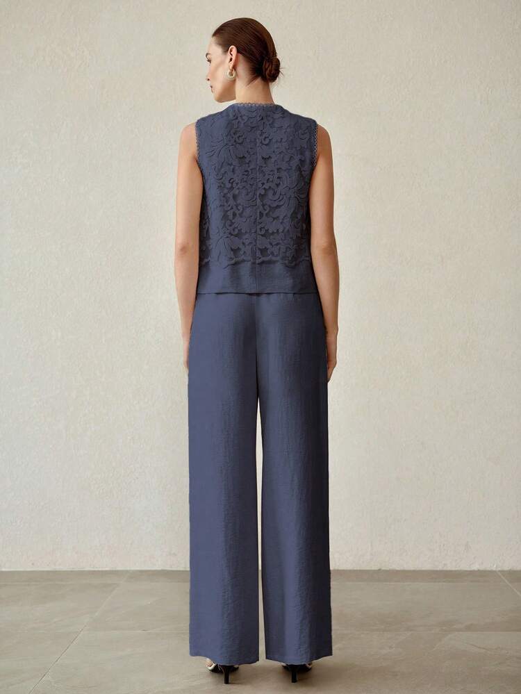 SPRING/SUMMER FASHIONABLE HIGH-END 2 PIECES SET WOMEN, CROPPED VINTAGE STYLE TANK TOP AND WIDE LEG PANTS, TEXTURED FABRIC, ELEGANT