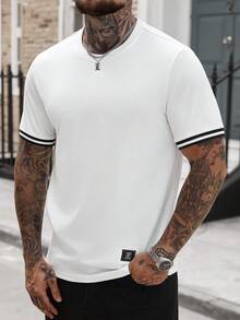 Manfinity Homme Men's Round Neck Short Sleeve T-Shirt, Ribbed Cuff Design, All-Match Minimalist Style, White Short Sleeve Tee, Casual Versatile - White - View 3