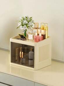 1 PC Large Capacity Large Size Plastic Foldable Dual Door Waterproof Dustproof Multifunctional Desktop Cosmetics Storage Box Organizer Pink Vanity Makeup Brush Holder Perfume Organizer Jewelry Display Case Nail Tool Container For Women Girls Christmas Gift Bedroom Bathroom Living Room Desk Decor - Multicolor - View 15