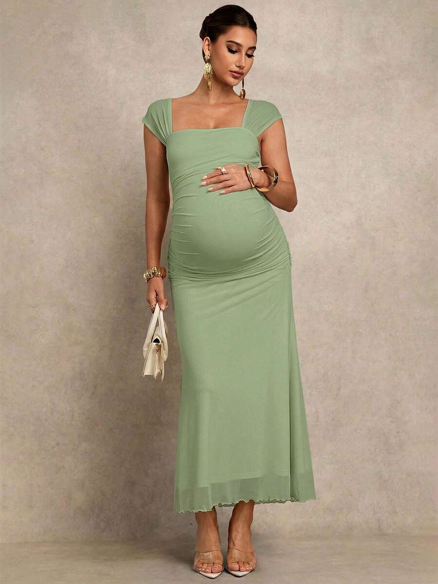 MaterniChic Maternity Solid Color Square Neck Elegant Dress - Green - View 1
