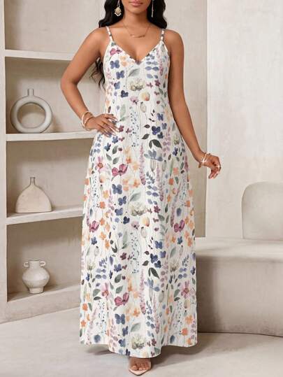 SHEIN Lady 春夏休闲全身蓝色仿牛仔沙滩吊带舞会连衣裙吊带裙加大码连衣裙格子连衣裙非洲连衣裙，女士吊带裙