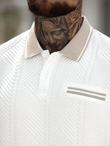 Manfinity CasualCool 男士撞色纹理翻领 Polo 衫，适合外出和办公穿着 - 白色 - 查看 3