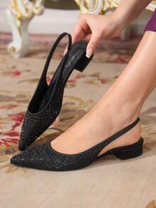 CUCCOO TILAWA 女士尖头低跟粗跟黑色全钻时尚华丽宴会派对女士平底鞋后跟带袢带平底鞋女鞋 - 黑色 - 查看 2