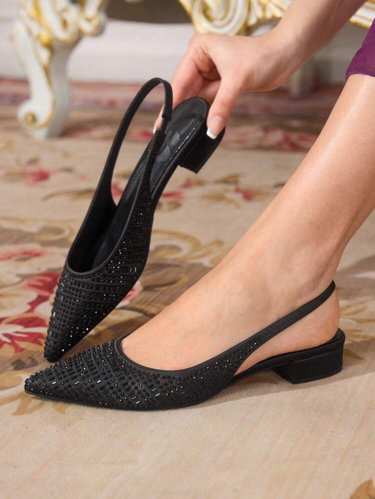 CUCCOO TILAWA Women Shoes Pointed Low Coarse Heel Black Full Diamond Fashion Gorgeous Banquet Party Ladies Flat Shoes Back Strap Slingback Flat Shoes Women's Shoes