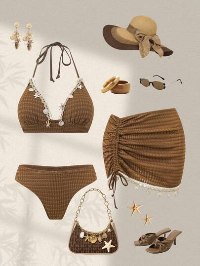 Swim Oasis Bộ đồ đi biển mùa hè thoải mái dành cho nữ, bộ bikini 3 mảnh màu nâu với dây buộc cổ và chân váy có viền vỏ sò, chất liệu vải dệt họa tiết.