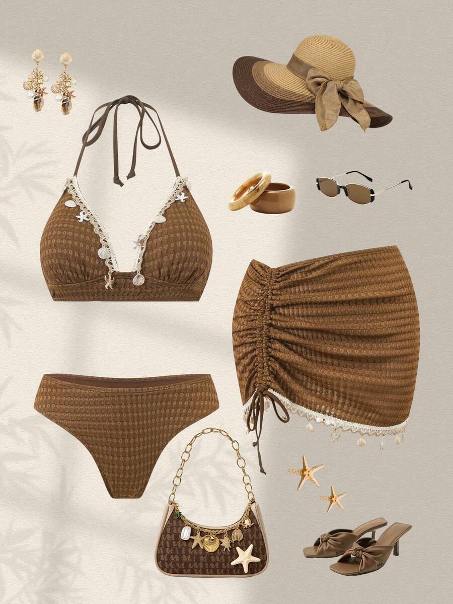 Swim Oasis Bộ đồ đi biển mùa hè thoải mái dành cho nữ, bộ bikini 3 mảnh màu nâu với dây buộc cổ và chân váy có viền vỏ sò, chất liệu vải dệt họa tiết. - màu nâu - Xem 1