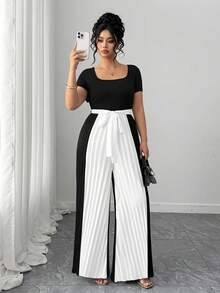 Elenzga Mono de pierna ancha con cuello cuadrado, manga corta, bloque de color y parches plisados para mujer de talla grande - Negro - Ver 7