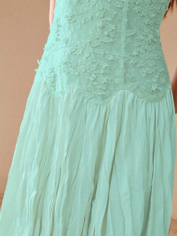 SPRING/SUMMER JACQUARD SLEEVELESS BEADED UNIQUE FABRIC FASHION ELEGANT ASYMMETRICAL PLEATED FLARED HEM WOMEN DRESS