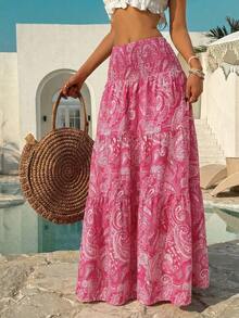 Sunnyshic 女士波西米亚印花半身裙，休闲度假及日常穿着，春夏款 - 乾枯玫瑰色 - 查看 7