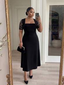 SHEIN Lady CURVE Đầm dự tiệc cỡ lớn dành cho nữ, phối ren, kiểu dáng thanh lịch, thắt eo. - màu đen - Xem 6