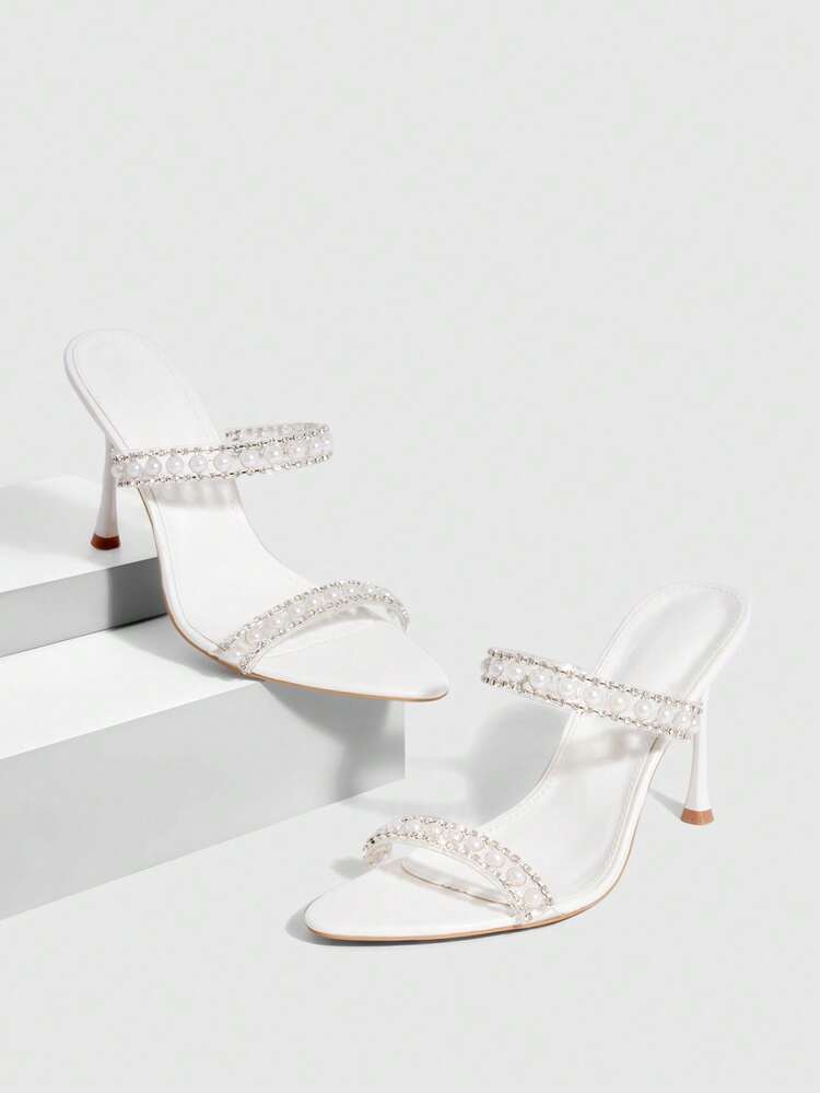 CUCCOO SZL Women Shoes Summer Pointed Stitch Heel White Transparent Film Pearl Rhinestone Open Toe Women's Sandals Sexy Fashion Gorgeous With Skirts Banquet Party Night Club Women's High Heel Sandals Slippers Prom Heels