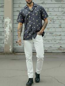 EGENSIO Men's Black Rose Striped Print Button-Front Short Sleeve Shirt - Black - View 5