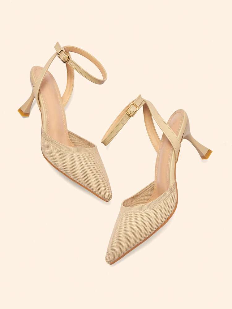 CUCCOO BASICS Apricot Knit Fabric Ankle Strap Pointed Toe Stiletto High Heel Women's Pumps, Comfortable For Commuting, Office, Vacation And Everyday Wear Spring Shoes