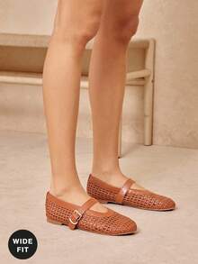 SHUZIA Ladies Wide Fit Crochet Woven PU Mary Jane Flats - Mocha Brown - View 2