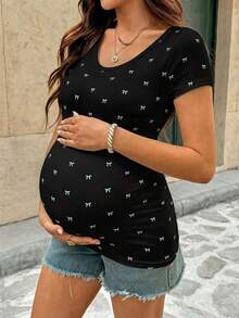 SHEIN Áo thun ngắn tay in nơ dành cho bà bầu, kiểu dáng thường ngày, đa năng. - màu đen - Xem 1