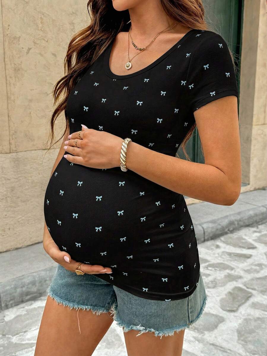 SHEIN Áo thun ngắn tay in nơ dành cho bà bầu, kiểu dáng thường ngày, đa năng. - màu đen - Xem 1