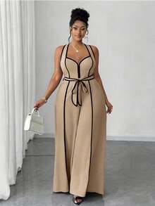 Maweii Plus Size Sexy Off-The-Shoulder Bow Jumpsuit - Khaki - View 4