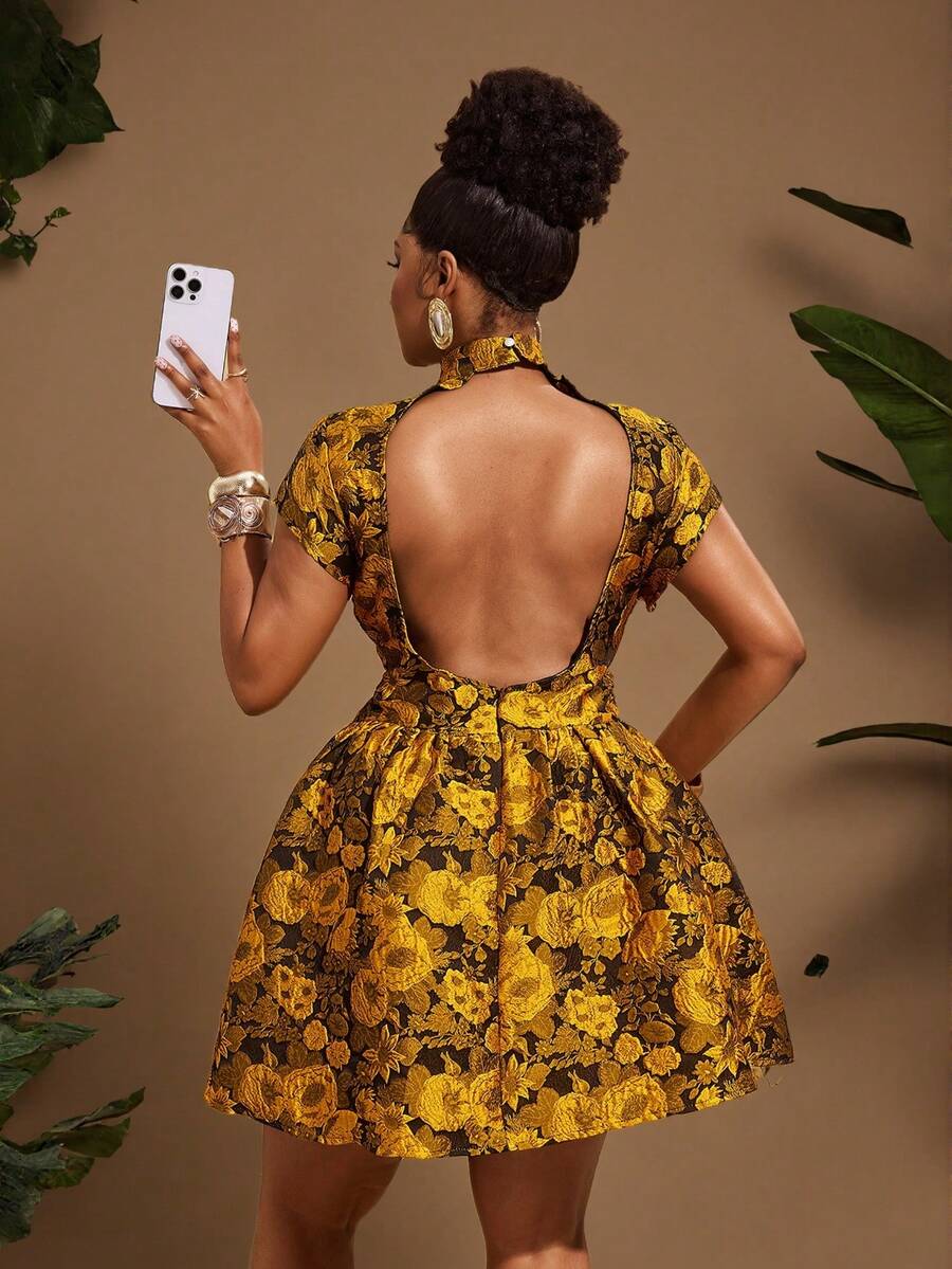 Maweii Đầm mùa hè gợi cảm dành cho nữ cỡ lớn, chất liệu jacquard, họa tiết hoa, cổ tàu, lưng hở, thắt eo. - Màu vàng - Xem 1