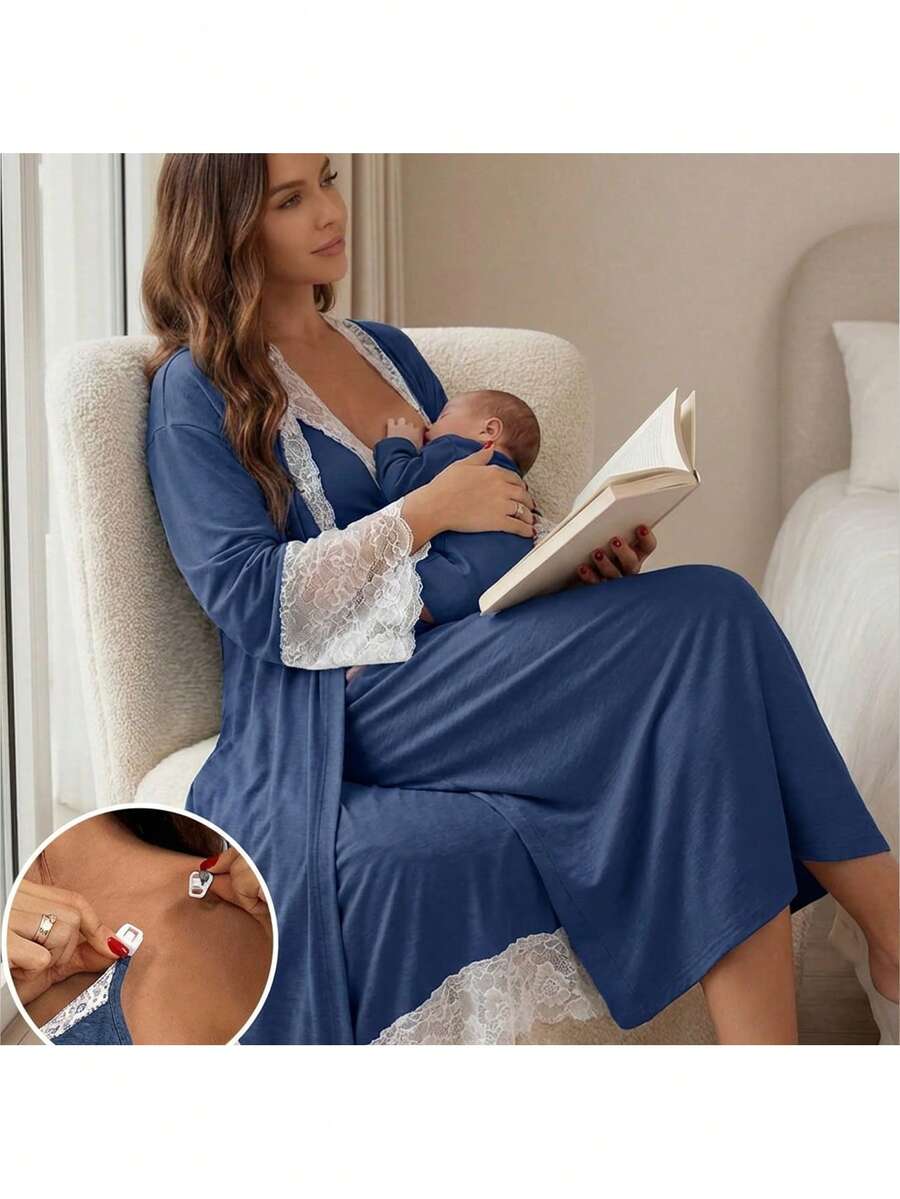Bộ 2 món áo choàng và váy lót ren dành cho bà bầu, thích hợp cho việc cho con bú. - Màu xanh hải quân - Xem 1