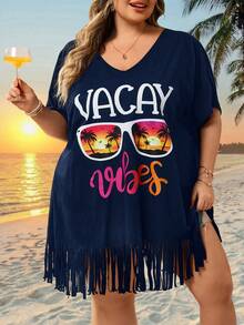SHEIN CURVE+ Curve 尺码 US22 音乐节、海滨度假、波西米亚风女士 V 领印花宽松沙滩罩衫，适合夏季海滩度假 - 藍色 - 查看 2
