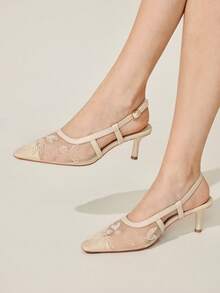 CUCCOO CHICEST Giày cao gót quai ngang màu đen, kiểu dáng thời trang, thanh lịch, mũi vuông, đính hạt cườm, dành cho nữ, thích hợp dự tiệc. - Màu be - Xem 4