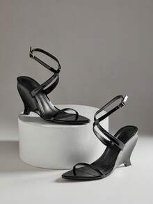 SHUZIA Giày sandal đế xuồng quai ngang mắt cá chân tối giản, gợi cảm dành cho nữ. - màu đen - Xem 5