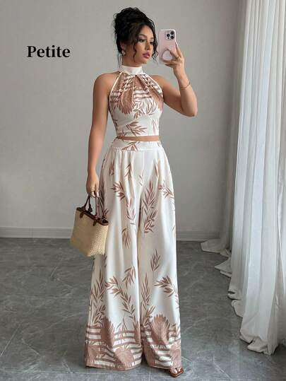 Rafferiza Petite Bộ đồ nữ thanh lịch in họa tiết lá cây, cổ yếm, quần ống rộng cạp cao + áo croptop không tay, mang đến vẻ nhẹ nhàng cho công sở và kỳ nghỉ biển, bộ 2 món.