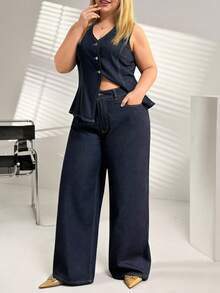 EURMUSE Woman Denim Set Smart Casual Sleeveless Vest And High Waist Straight Jean - Dark Wash - View 2