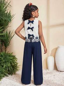 SHEIN Serisse Kids 少女蝴蝶结刺绣露背吊带背心和阔腿裤两件套休闲度假套装，藏蓝色 - 藏蓝色 - 查看 1