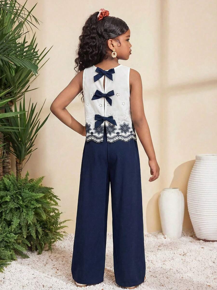 SHEIN Serisse Kids 少女蝴蝶结刺绣露背吊带背心和阔腿裤两件套休闲度假套装，藏蓝色 - 藏蓝色 - 查看 1