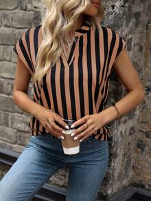 SHEIN LUNE Striped Print Cutout Collar Casual Short Sleeve Shirt - Coffee Brown - View 4