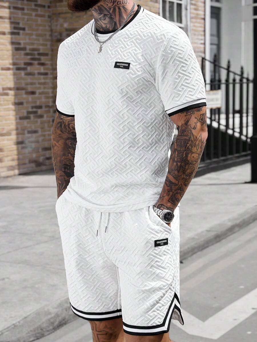 Manfinity Homme Men's Short Sleeve Textured Fabric T-Shirt Set, Suitable For Home, Outings, And Sports Wear - White - View 1