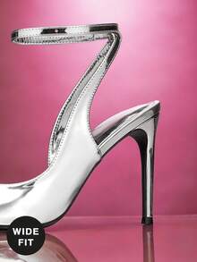 SHUZIA Giày sandal cao gót mũi nhọn bằng chất liệu PU ánh kim, dáng rộng, gợi cảm dành cho nữ. - Bạc kim loại - Xem 7