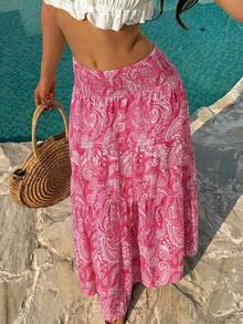 Sunnyshic 女士波西米亚印花半身裙，休闲度假及日常穿着，春夏款 - 乾枯玫瑰色 - 查看 6