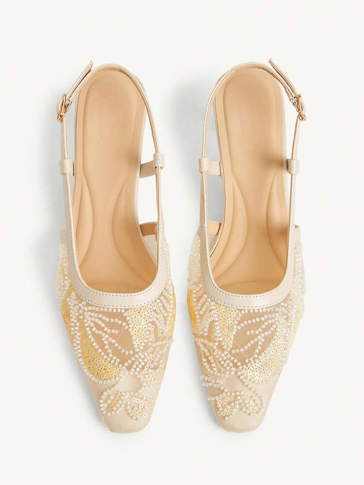 CUCCOO CHICEST Women's Square Toe Mid-Heel Beige Embroidered Mesh Beaded Elegant Party Ankle Strap Pumps Wedding Shoes Summer Shoes Bride Shoes