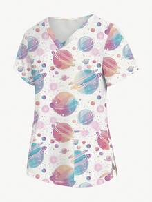 PopScrub Colorful Cosmic Planet Cartoon All-Over Print Nurse Uniform Top, V-Neck Short Sleeve Scrub Top, Nursing Uniform For Women, Suitable For Holiday, Vacation And Daily Wear, Spring/Summer - Multicolor - View 6