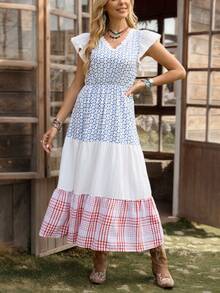 LanaWest Vestido casual de cuello en V con volantes en el bajo para el verano - Azul - Ver 5