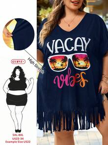 SHEIN CURVE+ Curve 尺码 US22 音乐节、海滨度假、波西米亚风女士 V 领印花宽松沙滩罩衫，适合夏季海滩度假 - 藍色 - 查看 7