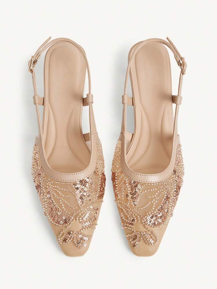 CUCCOO CHICEST Women's Embroidered Mesh Beaded Square Toe Mid-Heel Slip-On Pumps, Elegant Party Wear Stilettos Wedding Shoes Summer Shoes Bride Shoes
