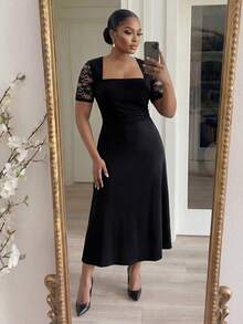 SHEIN Lady CURVE Đầm dự tiệc cỡ lớn dành cho nữ, phối ren, kiểu dáng thanh lịch, thắt eo. - màu đen - Xem 4