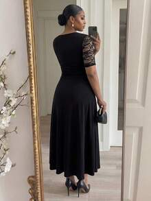SHEIN Lady CURVE Đầm dự tiệc cỡ lớn dành cho nữ, phối ren, kiểu dáng thanh lịch, thắt eo. - màu đen - Xem 2