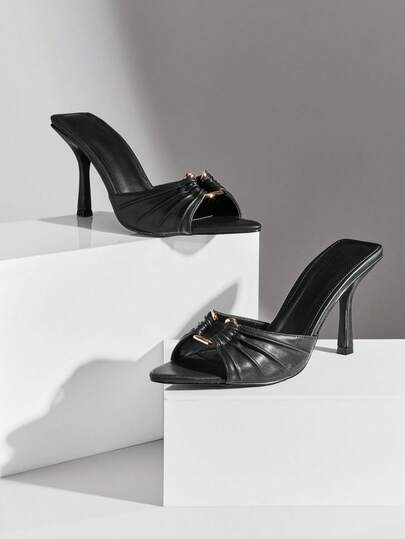 SHUZIA Sandalias de tacón alto con puntera puntiaguda y slip-on de piel sintética negra para mujer, ideales para baile, relajación, vacaciones, fiestas, bodas y uso empresarial