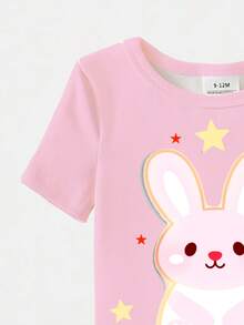 女婴两件套贴身睡衣套装，可爱兔子和彩虹夜光印花，弹力针织面料，柔软舒适的短袖上衣和裤子，春夏款 - 粉色 - 查看 7