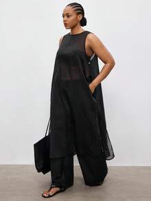 Maija Áo kiểu nữ cỡ lớn, chất liệu xuyên thấu, kiểu dáng thành thị, không tay, cổ tròn, cài nút bên hông, dài, thời trang thường ngày, công sở, áo xuyên thấu, áo khoác ngoài màu đen cho nữ, phong cách cổ điển, dành cho phụ nữ trung niên, giáo viên, lãng mạn, thời trang, đa năng, áo dự tiệc mùa hè cho nữ, thích hợp đi biển, nghỉ mát, đi chơi, tốt nghiệp, thanh lịch, áo kiểu thường ngày, trang phục công sở cho nữ. - màu đen - Xem 6